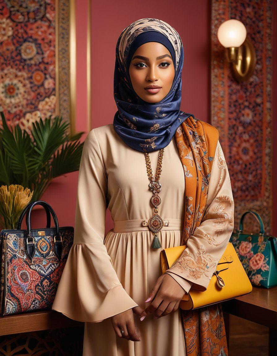 A stylish woman wearing a variety of trendy hijabs in different draping styles, showcasing vibrant patterns and textures. The background features elegant fashion accessories, like handbags and shoes, arranged artistically. Soft, warm lighting enhances the atmosphere, highlighting the beauty of modest fashion. Include diverse skin tones and facial expressions to reflect inclusivity. fashion photography. vibrant colors. elegant setting.