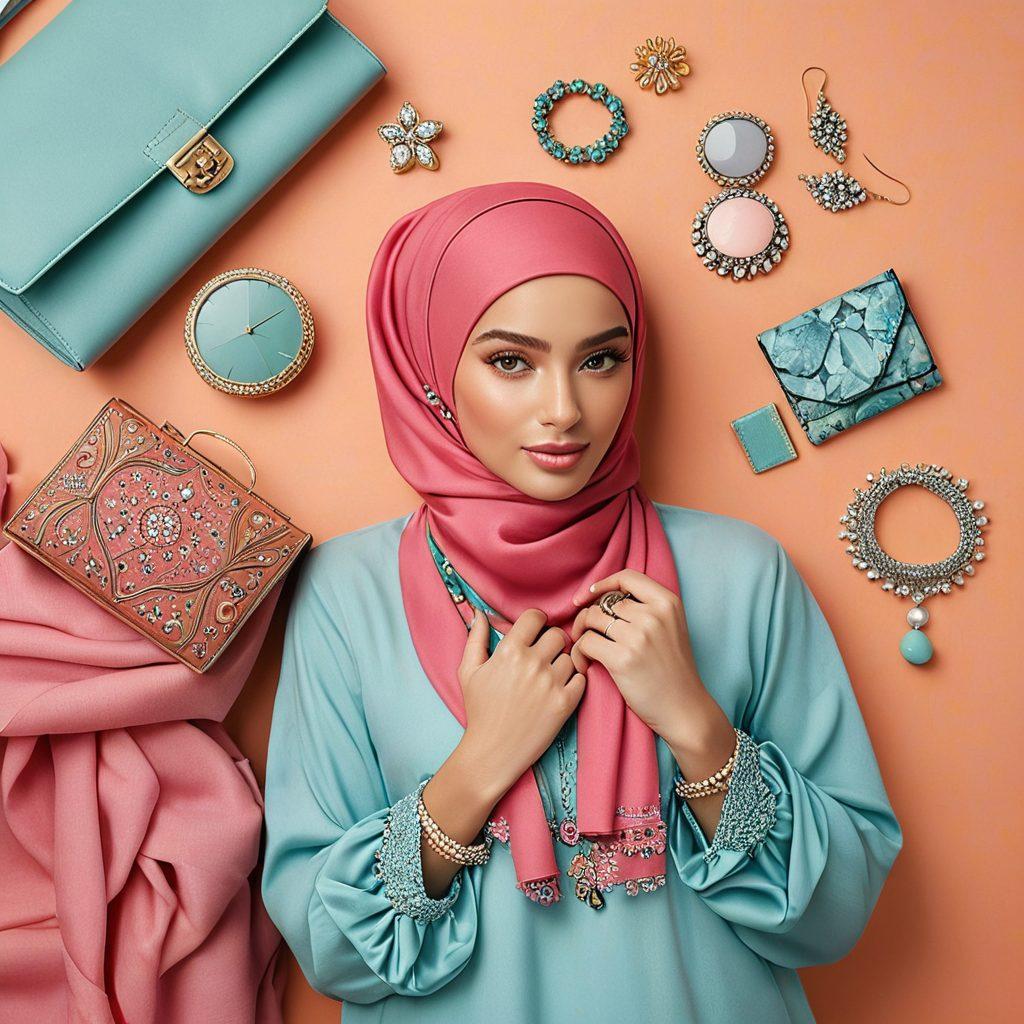 A stylish flat lay featuring a variety of hijabs in different fabrics and colors, elegantly arranged with accessories like statement earrings, bracelets, and a chic handbag. The background should be soft pastel tones to create a calming vibe, highlighting the versatility of hijab styles for different occasions. Include a notebook with fashion tips and a cup of tea for a cozy touch. super-realistic. vibrant colors. soft pastel background.