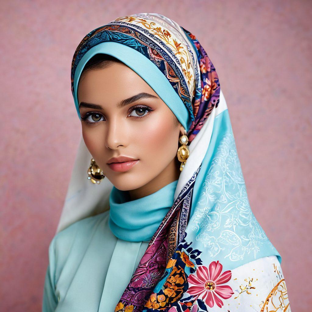 A graceful model wearing a beautifully patterned headscarf, surrounded by cultural motifs and elegant floral designs. Include various trending headscarves in vibrant colors that reflect modesty and elegance. The background should feature soft pastel tones that harmonize with the fabrics, creating a serene and sophisticated atmosphere. Emphasize the diversity of styles and textures. super-realistic. vibrant colors. soft background.